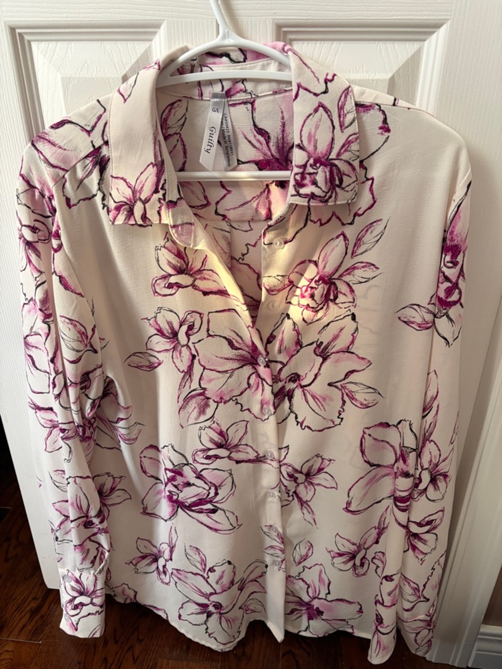 Talbots Cream Blouse with Pink Floral Sketch Print
